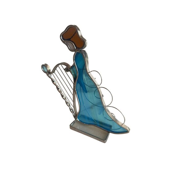 Stained Glass Angel Figurine With Harp Blue & Silver Christmas Holiday - Picture 3 of 4
